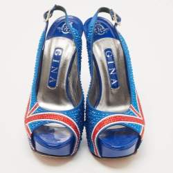 Pre Owned Gina Blue Crystal Embellished Satin Union Jack Slingback Sandals Size 36.5