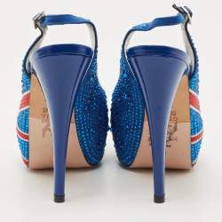 Pre Owned Gina Blue Crystal Embellished Satin Union Jack Slingback Sandals Size 36.5