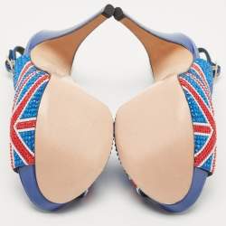 Pre Owned Gina Blue Crystal Embellished Satin Union Jack Slingback Sandals Size 36.5
