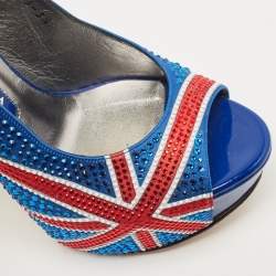 Pre Owned Gina Blue Crystal Embellished Satin Union Jack Slingback Sandals Size 36.5