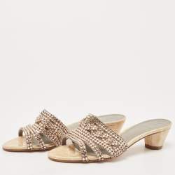 Pre Owned Gina Pink/Beige Crystal Embellished Leather Slide Sandals Size 39