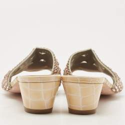 Pre Owned Gina Pink/Beige Crystal Embellished Leather Slide Sandals Size 39