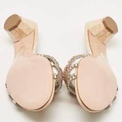 Pre Owned Gina Pink/Beige Crystal Embellished Leather Slide Sandals Size 39