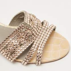 Pre Owned Gina Pink/Beige Crystal Embellished Leather Slide Sandals Size 39