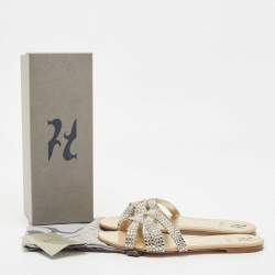 مملوكة مسبقًا Gina Silver Crystal Embellished Leather Thong Flat Slides Size 41.5