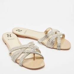 مملوكة مسبقًا Gina Silver Crystal Embellished Leather Thong Flat Slides Size 41.5