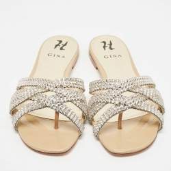 مملوكة مسبقًا Gina Silver Crystal Embellished Leather Thong Flat Slides Size 41.5