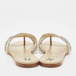 مملوكة مسبقًا Gina Silver Crystal Embellished Leather Thong Flat Slides Size 41.5