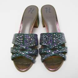 مملوكة مسبقًا Gina Multicolor Croc Embossed Leather Embellished Slides Size 36.5