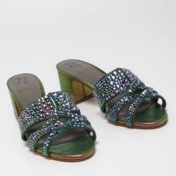 مملوكة مسبقًا Gina Multicolor Croc Embossed Leather Embellished Slides Size 36.5