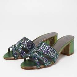 مملوكة مسبقًا Gina Multicolor Croc Embossed Leather Embellished Slides Size 36.5