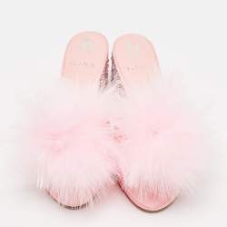 Gina Pink Satin and Fur Cindy Crystal Embellished Heel Slide Sandals Size 39