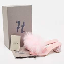 Gina Pink Satin and Fur Cindy Crystal Embellished Heel Slide Sandals Size 39
