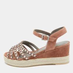 Pre Owned Gina Pink Studded Satin and Suede Wedge Ankle Strap Sandals Size 38