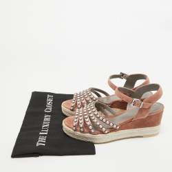 Pre Owned Gina Pink Studded Satin and Suede Wedge Ankle Strap Sandals Size 38