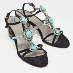 Gina Black Suede Crystal Embellished Slingback Sandals Size 41