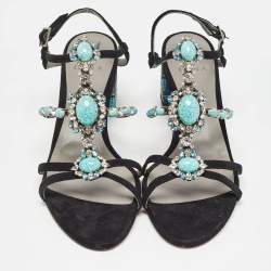 Gina Black Suede Crystal Embellished Slingback Sandals Size 41