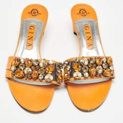 Pre Owned Gina Orange Leather] Crystal Embellished Slide Sandals Size 39