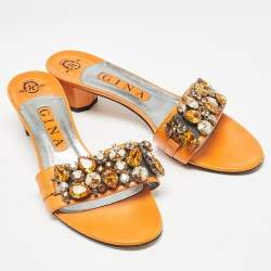 Pre Owned Gina Orange Leather] Crystal Embellished Slide Sandals Size 39
