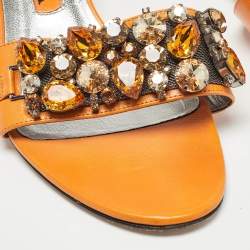 Pre Owned Gina Orange Leather] Crystal Embellished Slide Sandals Size 39