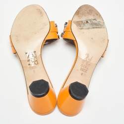 Pre Owned Gina Orange Leather] Crystal Embellished Slide Sandals Size 39