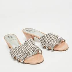 Gina Silver/Pink Crystal Embellished Leather Slide Sandals Size 38