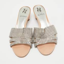 Gina Silver/Pink Crystal Embellished Leather Slide Sandals Size 38