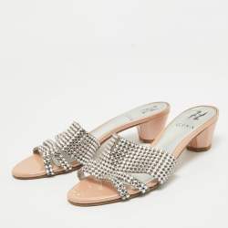 Gina Silver/Pink Crystal Embellished Leather Slide Sandals Size 38