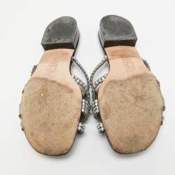 Pre Owned Gina Black/Silver Crystal Embellished Leather Slides Size 38