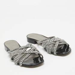 Pre Owned Gina Black/Silver Crystal Embellished Leather Slides Size 38