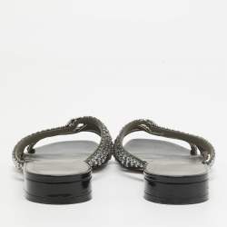 Pre Owned Gina Black/Silver Crystal Embellished Leather Slides Size 38