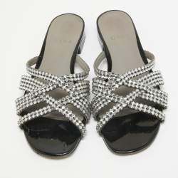 Pre Owned Gina Black/Silver Crystal Embellished Leather Slides Size 38
