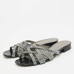 Pre Owned Gina Black/Silver Crystal Embellished Leather Slides Size 38