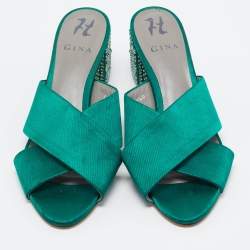 Pre Owned Gina Green Satin Crystal Embellished Block Heel Slide Sandals Size 40