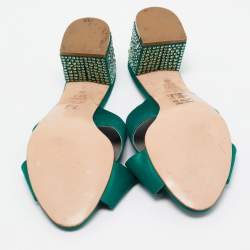 Pre Owned Gina Green Satin Crystal Embellished Block Heel Slide Sandals Size 40