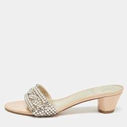 Pre Owned Gina Beige/Silver Leather Crystal Embellished Leather Slide Sandals Size 38