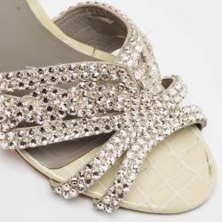 Gina Cream Leather and Croc Embossed Patent Crystal Embellished Slides Size 38