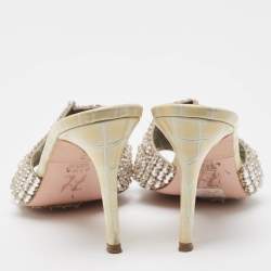 Gina Cream Leather and Croc Embossed Patent Crystal Embellished Slides Size 38