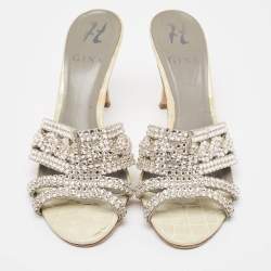 Gina Cream Leather and Croc Embossed Patent Crystal Embellished Slides Size 38