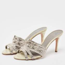 Gina Cream Leather and Croc Embossed Patent Crystal Embellished Slides Size 38