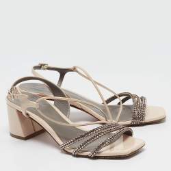 Pre Owned Gina Light Pink Patent Leather Crystal Embellished Slingback Sandals Size 37.5