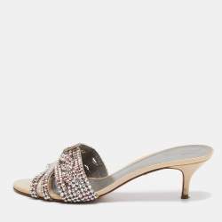 Pre Owned Gina Beige Leather and Patent Crystal Embellished Slide Sandals Size 41