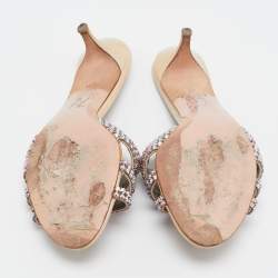 Pre Owned Gina Beige Leather and Patent Crystal Embellished Slide Sandals Size 41
