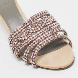 Pre Owned Gina Beige Leather and Patent Crystal Embellished Slide Sandals Size 41