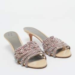 Pre Owned Gina Beige Leather and Patent Crystal Embellished Slide Sandals Size 41