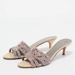 Pre Owned Gina Beige Leather and Patent Crystal Embellished Slide Sandals Size 41