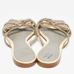 Pre Owned Gina Beige Patent Leather Crystal Embellished Flat Sandals Size 39