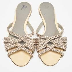 Pre Owned Gina Beige Patent Leather Crystal Embellished Flat Sandals Size 39