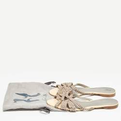 Pre Owned Gina Beige Patent Leather Crystal Embellished Flat Sandals Size 39