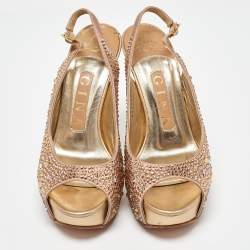 Gina Rose Gold Satin Crystal Embellished Platform Peep Toe Slingback Sandals Size 36